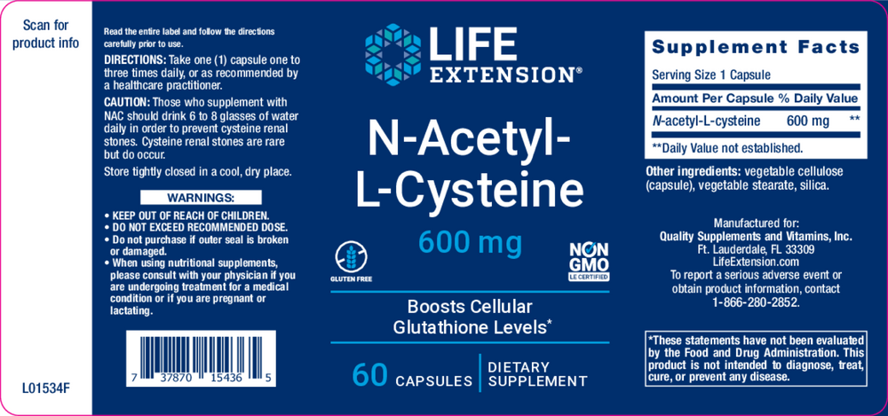 N-Acetyl L-Cysteine Life Extension 600mg 60ct