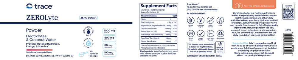 ZEROLyte Electrolytes & Coconut Water Powder, Salty Berry Lemonade (Trace)